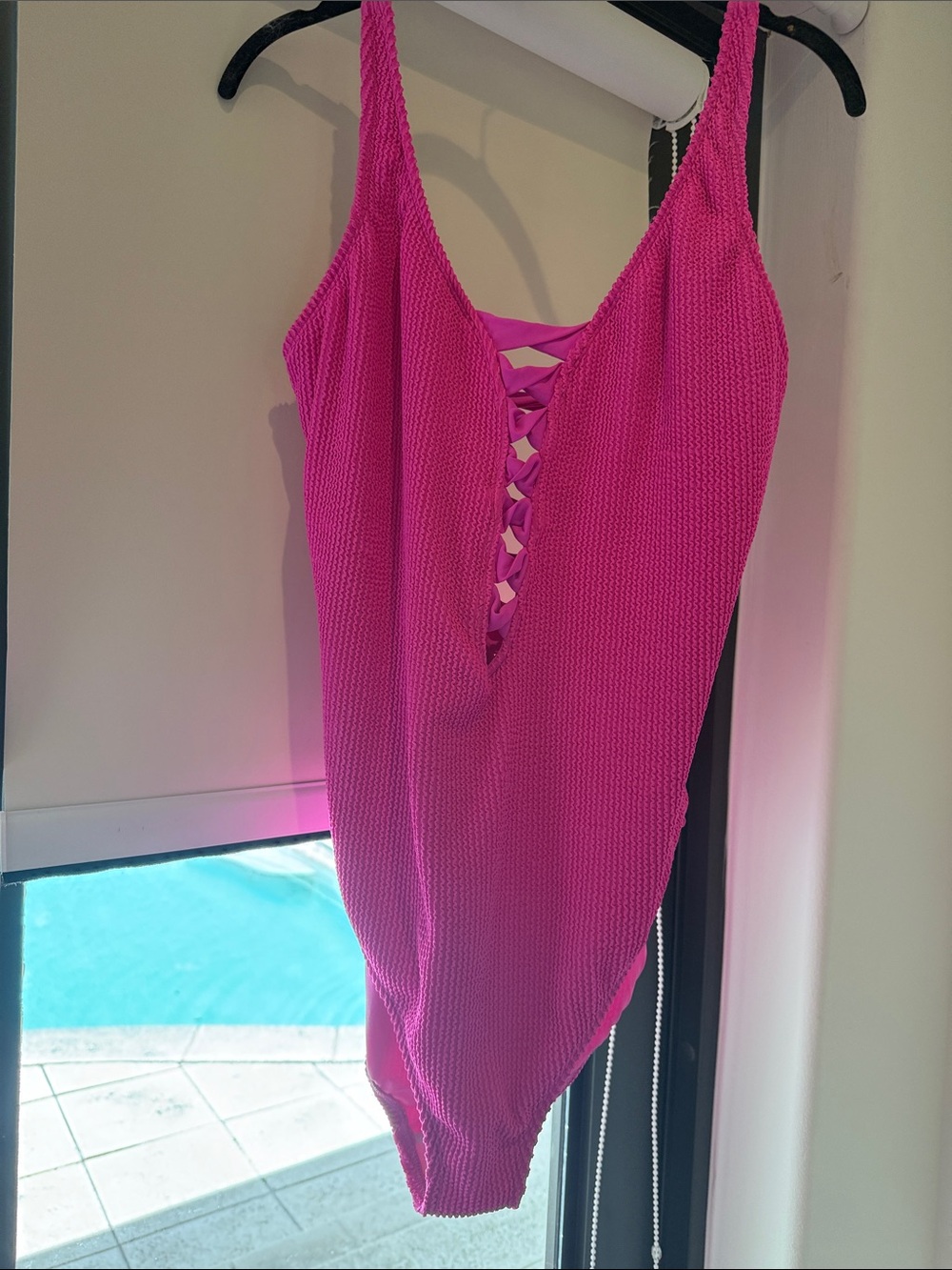 Never Worn New Bleu Rod Beattie Size 16 Lace-Up One-Piece Swimsuit - Hot Pink